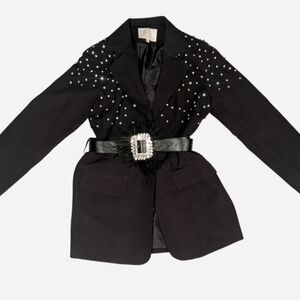 Elegant Blazer With Diamond Embellished Shoulders - Black Size M
